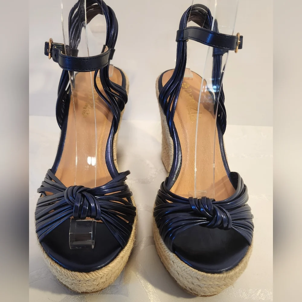 Patrizia by Spring Step Blue Metallic Strappy Woven Wedge Sandal Sz 6.5/7